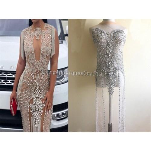 Designer Full Bodice Mesh Fabric Crystal Rhinestone long bodice Applique Beaded Wedding Evening, Engagement,Prom, Dress