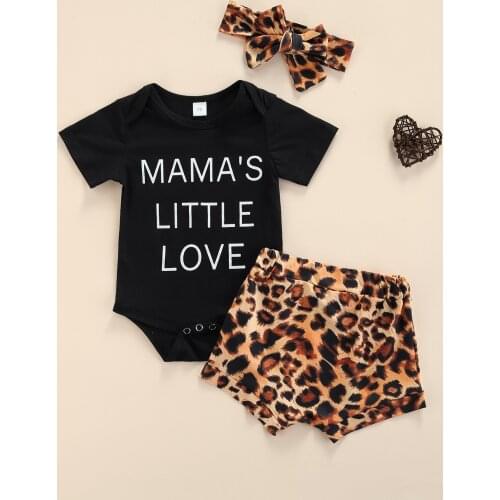 3PCS Newborn Kids Baby Girl Outfits Clothes Romper Bodysuit+Leopard Shorts Set Letter Short Sleeve Girl Clothing