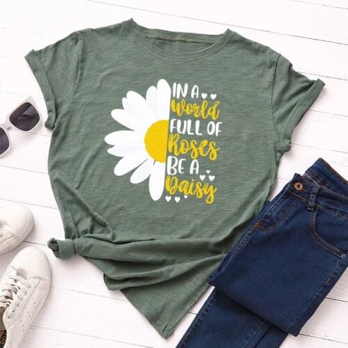 5XL Size Daisy Graphic Print Women Tshirts Summer Cotton T Shirt Harajuku Female Tee Shirt Casual Loose Tops Streetwear Clothes