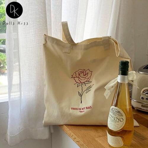Female Canvas Shopper Bag Ladies Rose Embroidery Shoulder Totes Large Capacity Travel Bags Casual Eco Bag for Women Grocery Tote