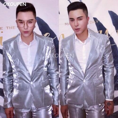 Bar Night Club Male Singer DS Costumes Fashion Silver White Satin Suit Costume Set Stage show Party Host performance wear