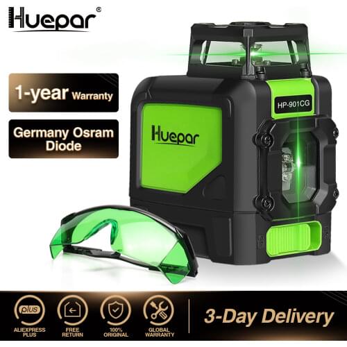 Huepar Laser Level Green Beam Cross Laser Self-leveling 360-Degree with 2 Pluse Modes+Huepar Green Laser Enhancement Glasses
