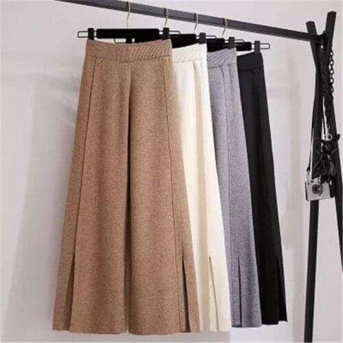 Limiguyue High Waisted Split Women Pants Autumn Winter Warm Knit Pants Wide Leg Pants Elastic Waist Casual Loose Trousers K399