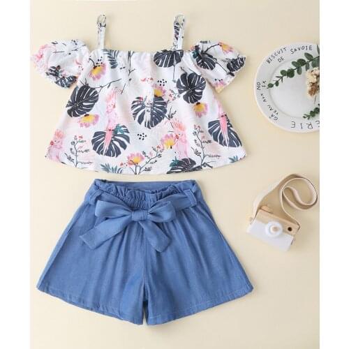 LYHO Toddler Baby Girls Tops Infant Clothes Casual Crop Tank Blouse Bow Pants Sets Summer Floral Parrot Print Tees Kids Outfits