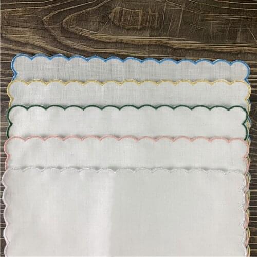 Set of 12 Home Textiles Wedding Handkerchiefs Ladies Handkerchief 100% Linen Color embroidered Scalloped Edge Hankies 30*30 CM