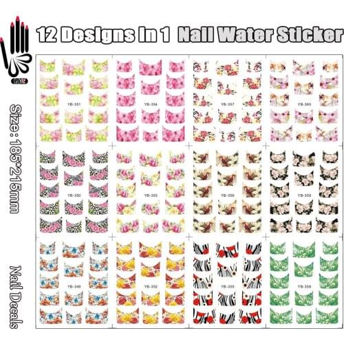 12 Sheets/Lot Nail YB349-360 Mixed Designs French Flower Nail Art Water Sticker Decal for Nail Art(12 DESIGNS IN 1)