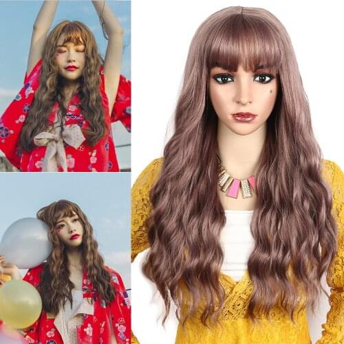 Natifath Long Water Wave Thin Tengse High Temperature Wig for Women Afro Cosplay Party Daily Synthetic Hair Wigs with Bangs