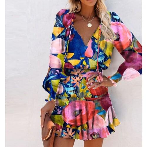Autumn Womens Flower Print A-Line Dress Beach Party Ruffles V-neck Bandage Short Dress Long Sleeve Elegant Ladies Mini Dresses