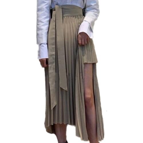 Pleated Elegant Skirt Women Bottoms 2020 Spring autumn lace up High Waist Ladies Midi Skirts