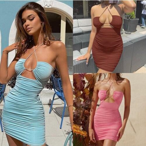 Sexy Close-fitting Hollow Out Sling Cross Halter Neck Camisol Dress Novelty Fold Sleeveless Elegant Pencil Skirt Women One Piece