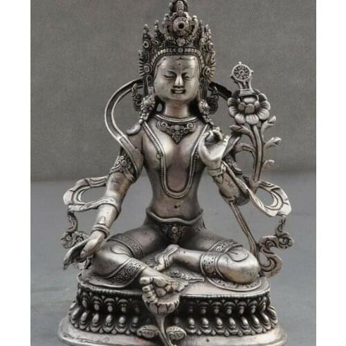 Old Tibet Buddhism Fane Silver Green Tara Goddess Kwan-yin Guanyin Buddha Statue