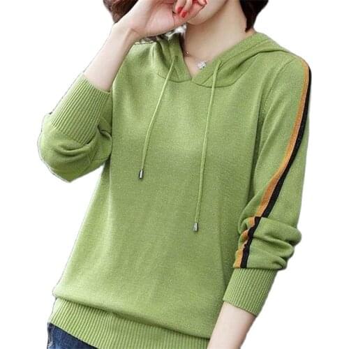 Spring Autumn Temperament All-Match Hooded Sweater Women Pullover Bright Silk Sweater Knitwear Loose Casual Ladies Top TT0015