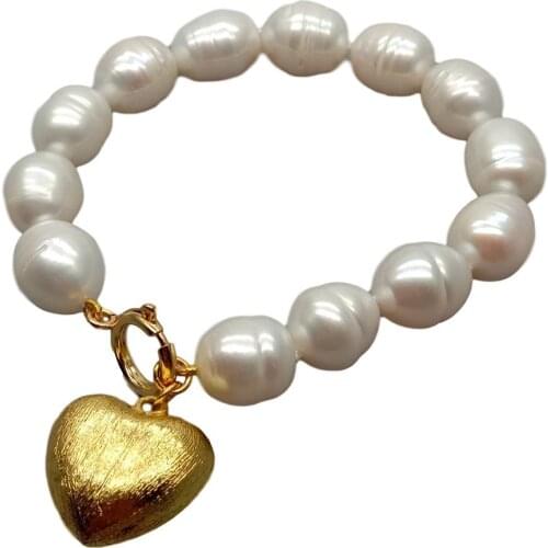 YYGEM office style natural Cultured White Rice freshwater Pearl strand Bracelet Gold filled Brushed Heart Charm 8"