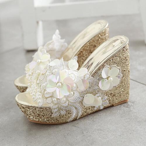 New Summer Flower Decoration Platform Wedges Sandals Women Fashion Silver High Heels Female Summer Gold Shoes Size 34-40