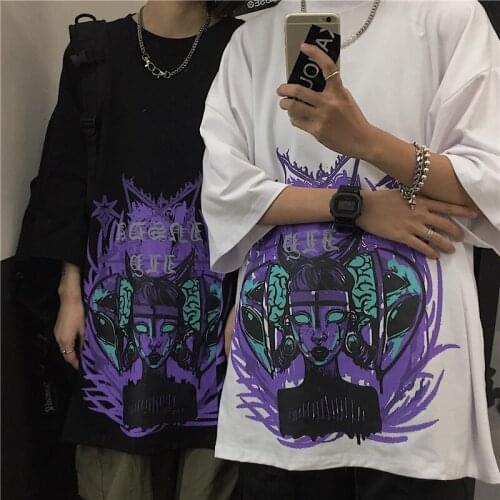 Women T-Shirts Harajuku Cotton Short-Sleeve Black Vintage Graphic Gothic Punk purple Anime Cartoon Print Clothes Plus Size Tops