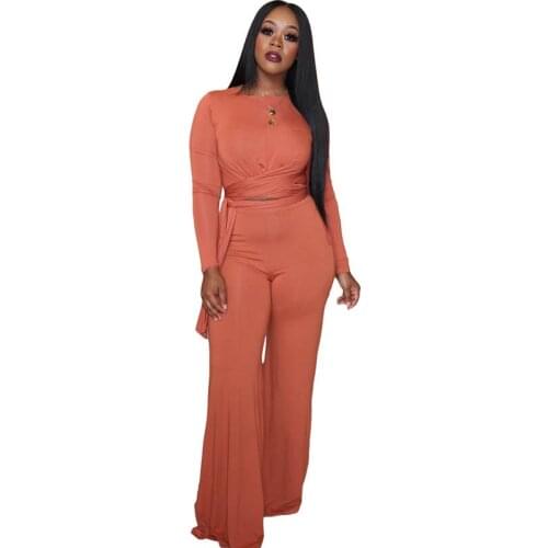 Womens Solid Color Long Sleeve Bandage Two Piece Outfits