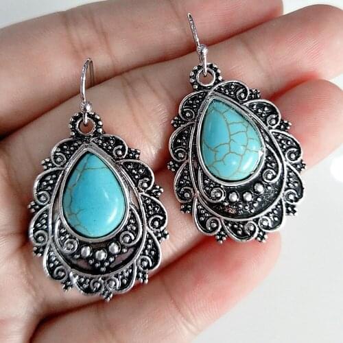 Fashion Bohemia Vintage Silver Color Drop Earrings for Women Boho Jewelry Ethnic Blue Turquoises Stone Earring pendientes Gypsy