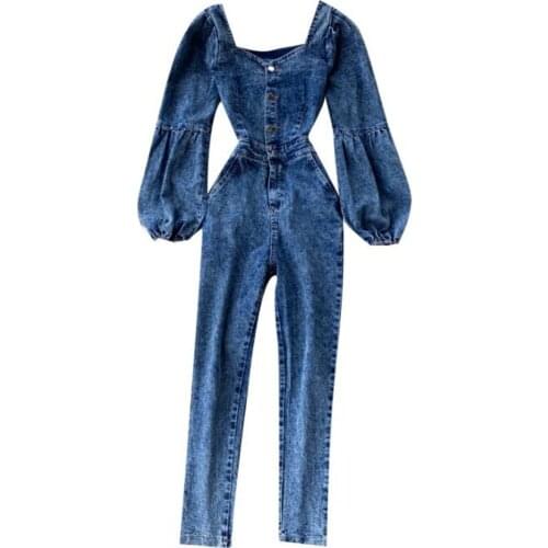 Women Vintage Off Shoulder Puff Sleeve Denim Jumpsuit Outfits Long Sleeve Jeans Jumpsuits Rompers