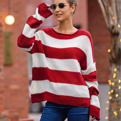 Fall/winter new womens urban trend color contrast O-neck striped color-blocking knitted sweater pullover loose large size