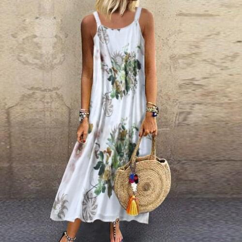 Women Summer Dress Sexy Print Spaghetti Strap Sleeveless Maxi Dress Fashion Loose Plus Size Slip Dress Sukienki Letnie #T1G