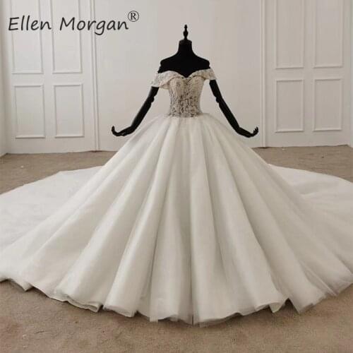 Elegant Off Shoulder Ball Gowns Wedding Dresses for Women 2020 Lace Crystals Merry Real Photos Princess Puffy Bridal Gowns