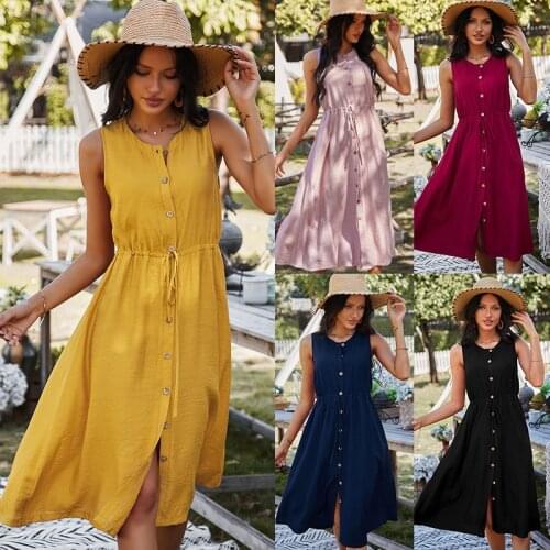 Women Vintage Sleeveless Dress Spring Summer Solid Color Button Casual Slim High Waist Ladies Beach Dress Female