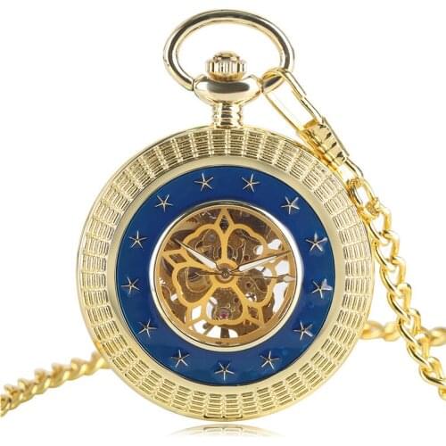 Gold with Blue Star Hollow Case Mechanical Pocket Watch Roman Number Flower Skeleton Hand-wind Mechanical Fob Watches for Men