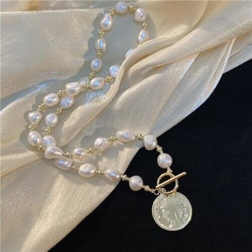 1PC High Quality Baroque Shaped Pearl Gold Coin Portrait OT Buckle Toggle Necklace Clavicle Chain For Women For Gift