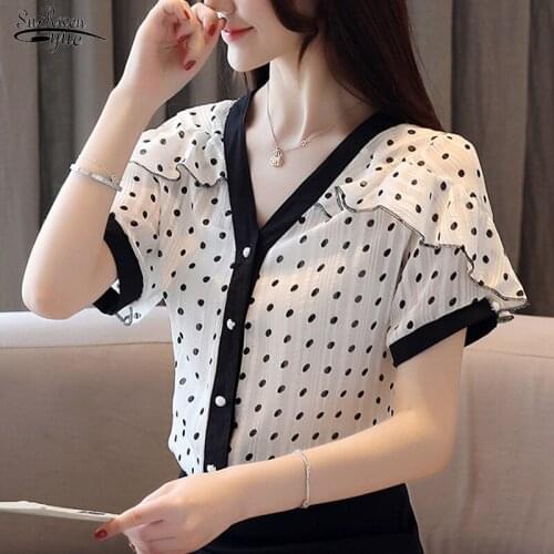 2021 Summer Tops New Short-Sleeve V-neck Polka Dot Chiffon Blouse Women Korean Style Ruffle Womens Shirts Blusas Mujer 8978 50