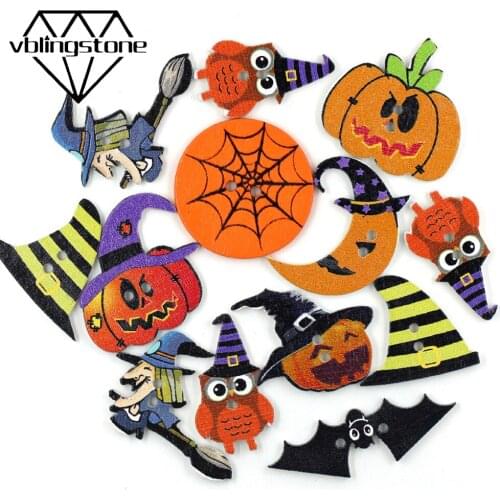 50Pcs Halloween Wooden Button 2-Holes Decorative buttons For Clothes DIY Crafts Mixed Pattern Pumpkin/Witch/Owl Sew Accessories