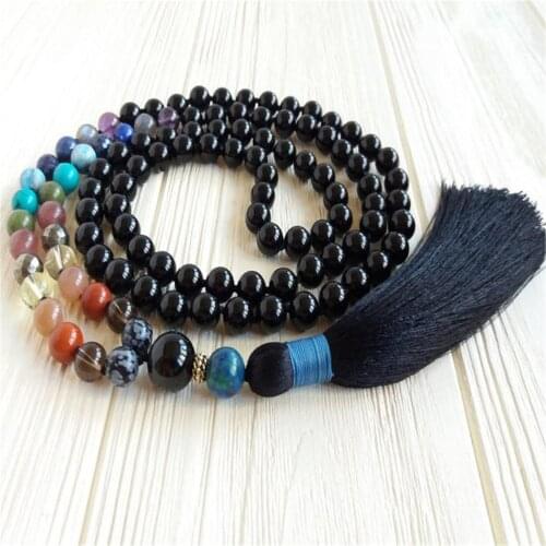 8mm Black Tourmaline 7 Chakra Gemstone 108 Beads Mala Necklace Retro Chakra Buddhism Yoga Wristband Religious Prayer Classic