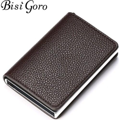 BISI GORO RFID Aluminum Card Holder Litchi Soft Leather Pop-Up Card Wallet Information Protector Security Clutch Smart Wallet