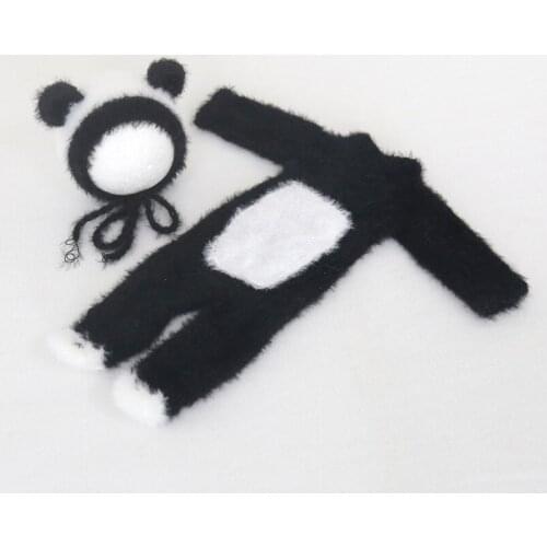 Lovley Panda Outfit Handknit Fuzzy Baby Sleeper Romper Long Sleeve Footed Onesie Baby Animal Bonnet New born Photography Props