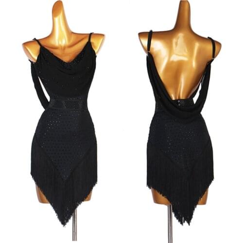 Black fringe latin competition dress rhinestone crystal Rumba cha cha salsa tango dance dress S-XXXL 270