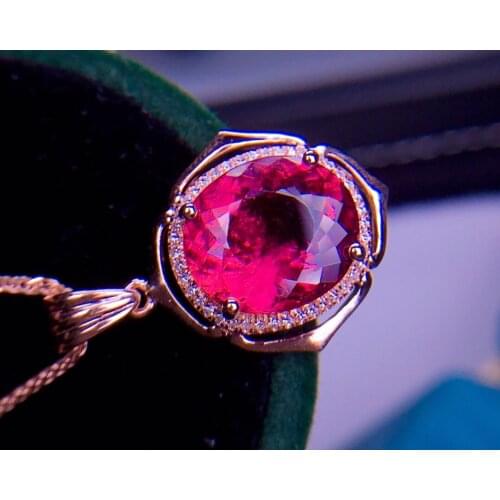 E430 Rubillite Tourmaline Pendant Real 18K Gold 100% Natural Rubillite Tourmaline 3.1ct Gemstones Diamond Pendant Necklace