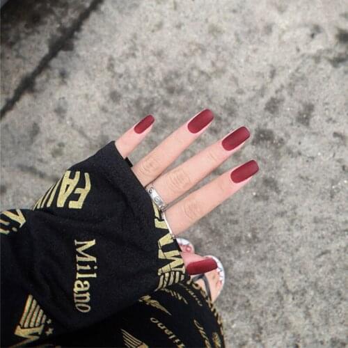 24Pcs Mid-length Square Head artificial nails press on Wine Red Color Nails tips Women Full Cover Finger Fake Nail with glue