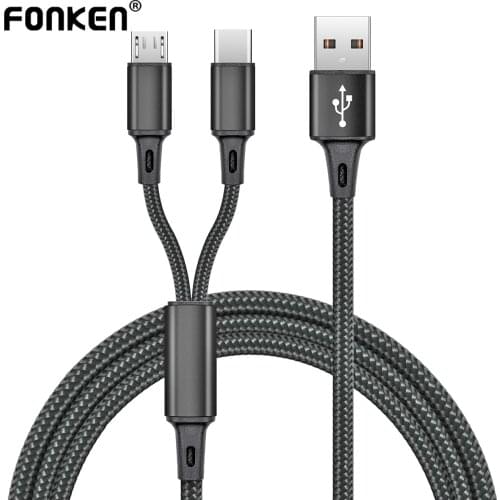FONKEN 2In1 USB Cable Split Mobile Phone Charger Cable Micro USB Type C Cable For Xiaomi Samsung Android Phone Cable Fast Charge