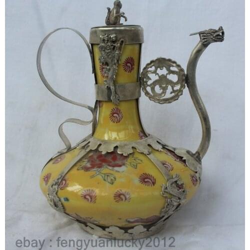 Chinese SIlver Porcelain Dragon Phoenix Monkey Wine Tea Pot Flagon Garden Decoration 100% real Tibetan Silver Brassroom Art