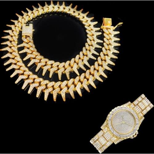 2pcs Kit 25MM Heavy Hip Hop Iced Out Cuban Thorns Link Full AAA Crystal Pave Necklace +Watch Bracelet for Men Women Jewelry