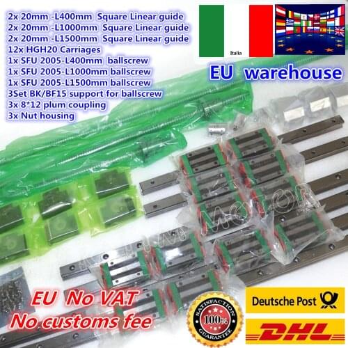 3sets Square Linear guide L-400/1000/1500mm & 3pcs Ballscrew SFU2005-400/1000/1500mm with Nut & 3set BK/B12 & Coupling CNC Kit