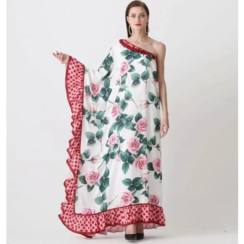 Custom Plus Size Dress Fashion Newest Arrival Loose Asymmetrical Slash Neck One-Shoulder Ankle-Length Ruffles boho Women Dress