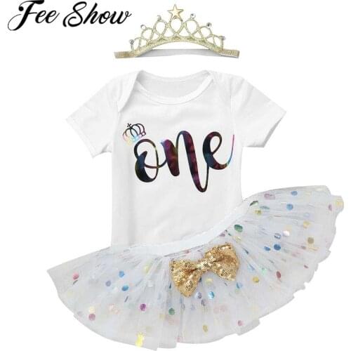 Infant Baby Girls 1st Birthday Princess Party Outfit Short Sleeve Romper Cotton Top with Sequin Mesh Tutu Skirt Crown 3Pcs Set