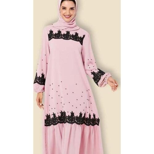 Middle East Dress For Women Oversized Ladies Pink Fashion Embroidered Beaded Muslim Long Skirt With Headscarf Dignified Robe