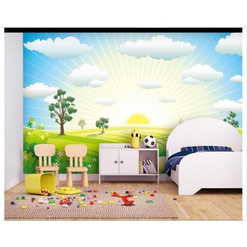Customzed 3d wallpaper 3d kids wallpaper painted blue sky and white clouds sunrise background wall decoration