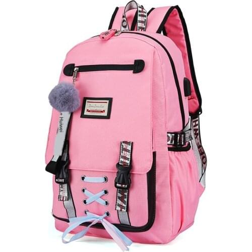 Pink Canvas School Bags USB Charging Anti-theft Schoolbags for Girls Backpack Large Capacity Schoolbag Teenagers Women Backpack
