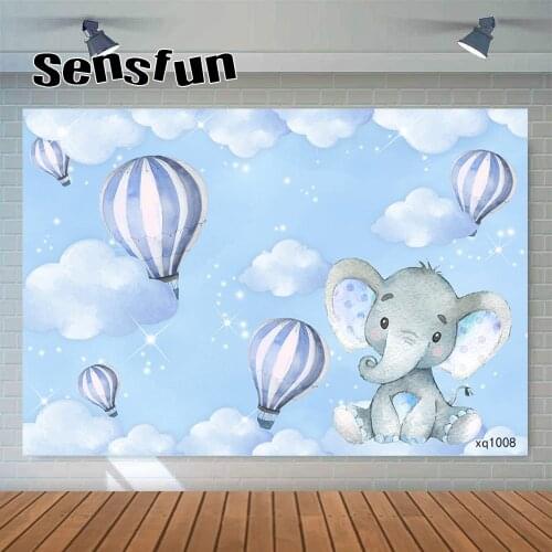 Sensfun Blue Elephant Newborn Baby Shower Photography Backdrop Hot Air Balloons Cloud Boys 1st Birthday Party Background Custom