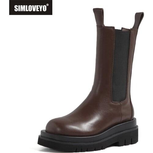 SIMLOVEYO Size 33-43 Fashion Genuine Leather Boots Women Thick Sole Chelsea British Style Winter Platform Ankle Knee High Bootie