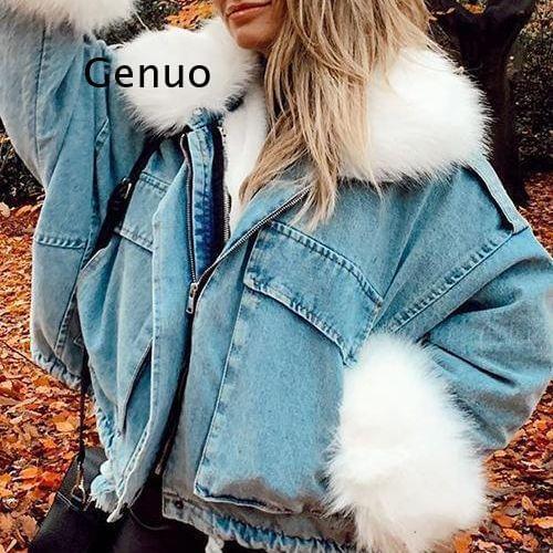Thicken Winter Denim Jacket Casual Women Long Sleeve Short Coats Fur Collar Outerwear Loose Ins Style Streetwear Overcoat