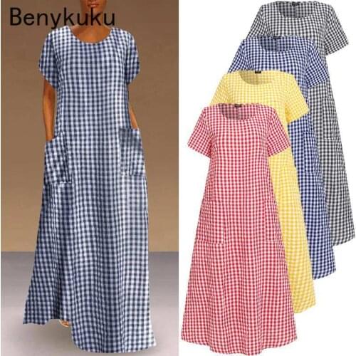 Plaid Check Bohemian Maxi Long Dress Loose Kaftan Women Vintage Plus Size Sundress Casual Robe Femme Ladies Short Sleeve Vestido