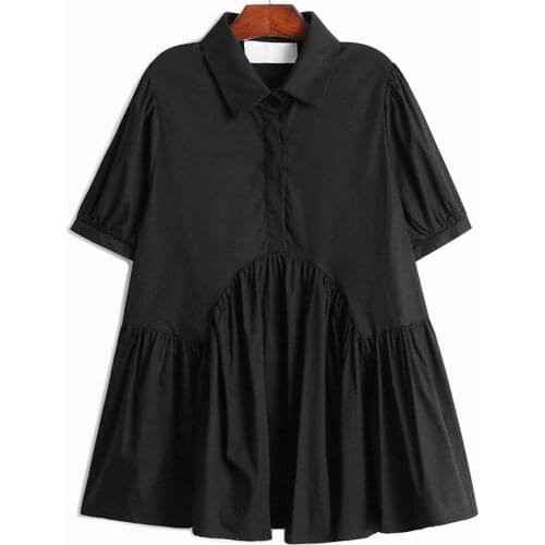 Women Yellow Pleated Long Temperament Blouse New Lapel Half Sleeve Loose Fit Shirt Fashion Tide Spring Summer 2021 Z689